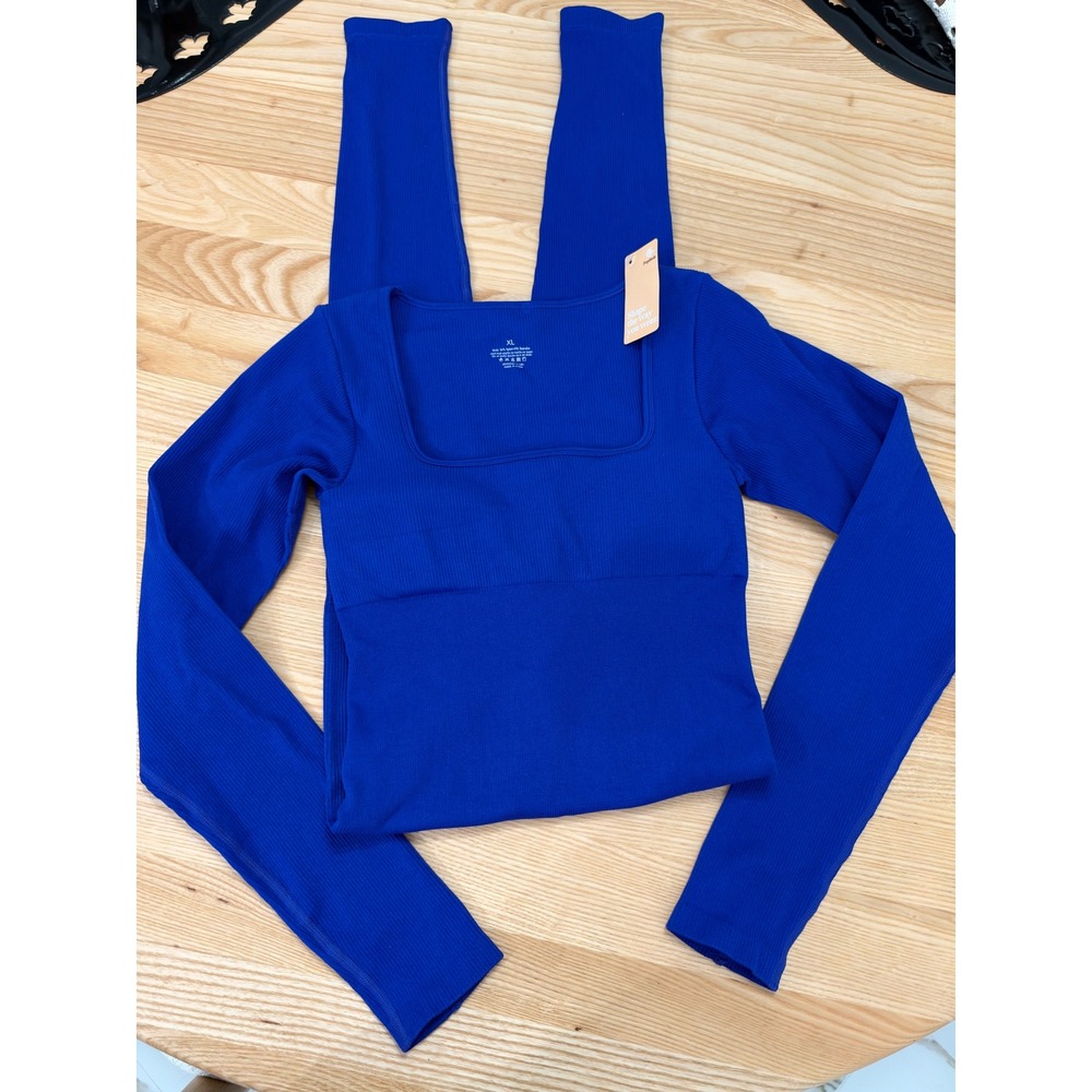 Popilush Ribbed Long Sleeve Square Neck Jumpsuit Royal Blue XL NWT